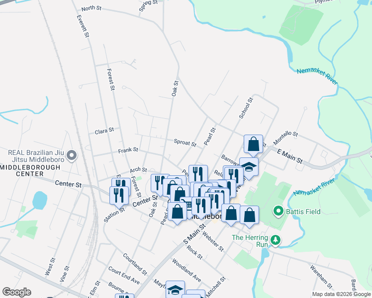 map of restaurants, bars, coffee shops, grocery stores, and more near 9 Rice Street in Middleborough