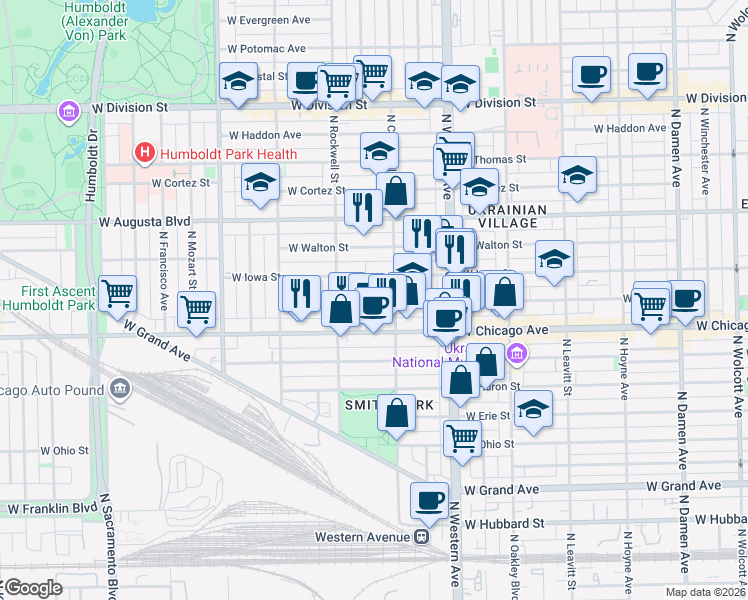 map of restaurants, bars, coffee shops, grocery stores, and more near 825 North Maplewood Avenue in Chicago