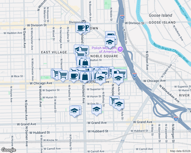 map of restaurants, bars, coffee shops, grocery stores, and more near 1522 West Chicago Avenue in Chicago