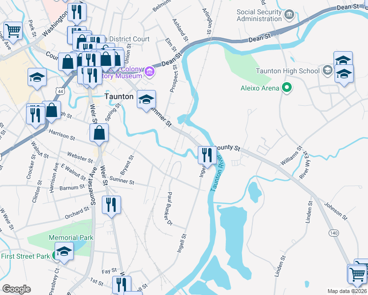 map of restaurants, bars, coffee shops, grocery stores, and more near 115B Summer Street in Taunton