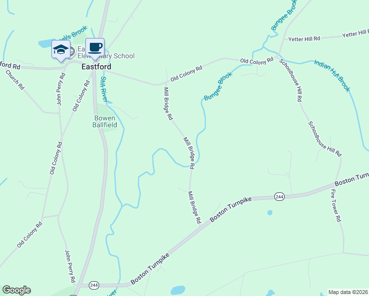 map of restaurants, bars, coffee shops, grocery stores, and more near 15 Mill Bridge Road in Eastford