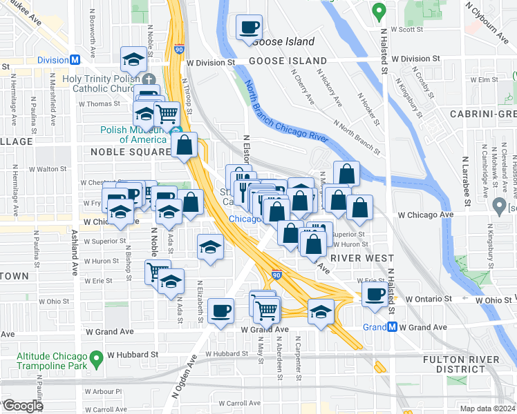 map of restaurants, bars, coffee shops, grocery stores, and more near 819 North Milwaukee Avenue in Chicago