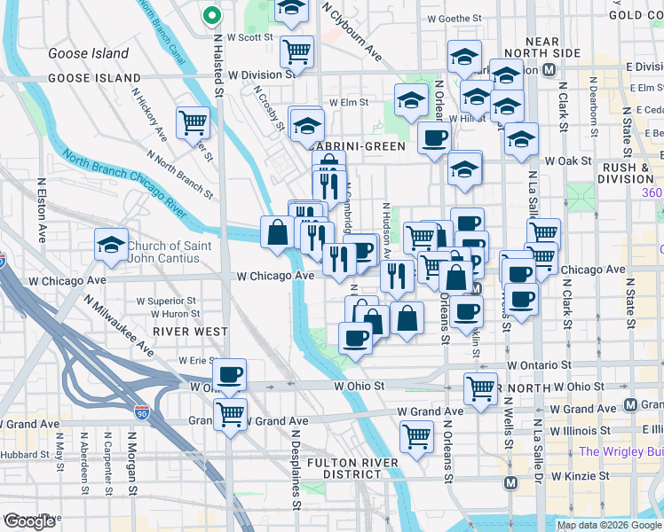 map of restaurants, bars, coffee shops, grocery stores, and more near in Chicago