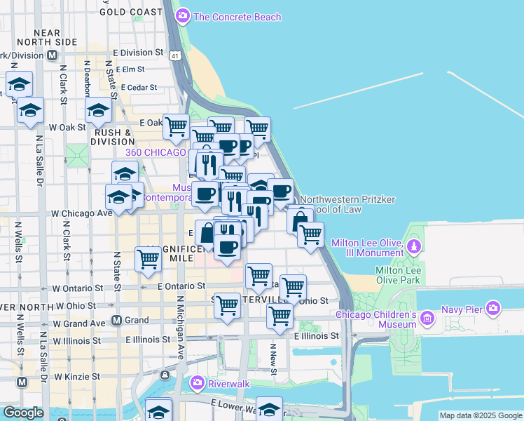map of restaurants, bars, coffee shops, grocery stores, and more near 339 East Chicago Avenue in Chicago