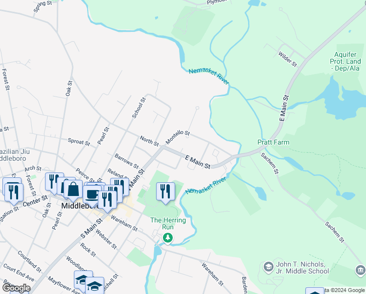 map of restaurants, bars, coffee shops, grocery stores, and more near 16 East Main Street in Middleborough