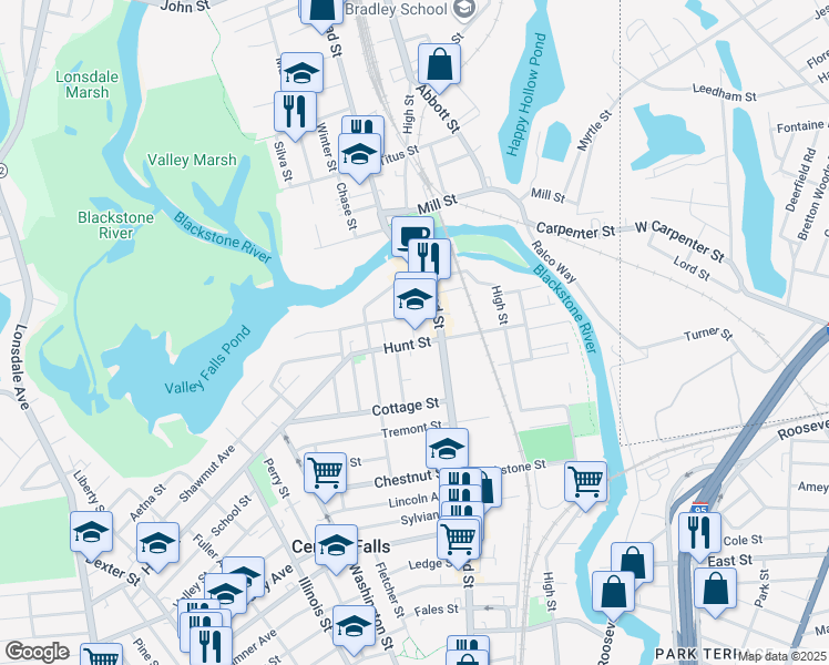 map of restaurants, bars, coffee shops, grocery stores, and more near 145 Hunt Street in Central Falls
