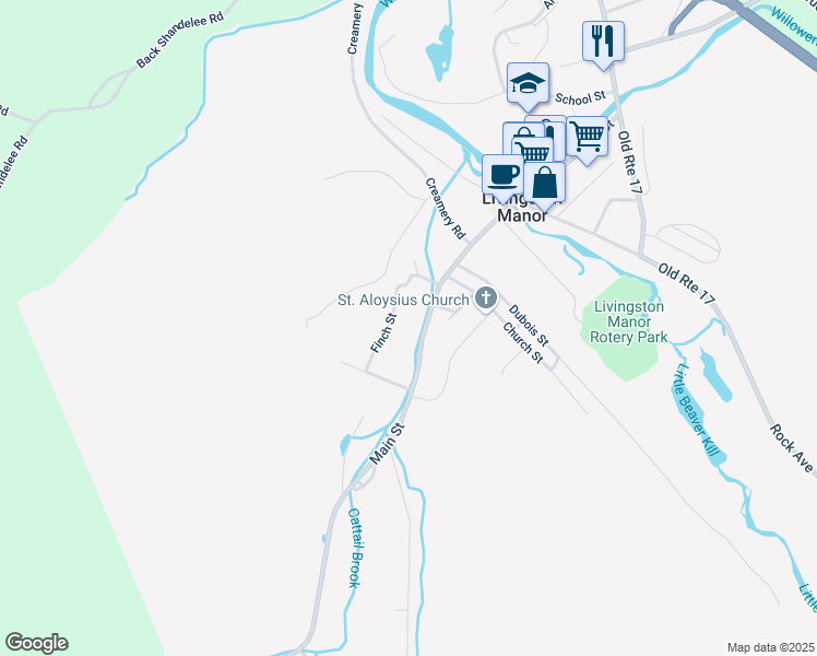 map of restaurants, bars, coffee shops, grocery stores, and more near 240 Main Street in Livingston Manor