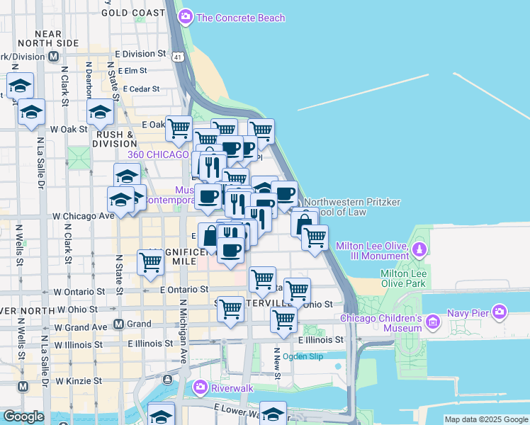 map of restaurants, bars, coffee shops, grocery stores, and more near 333 East Chicago Avenue in Chicago