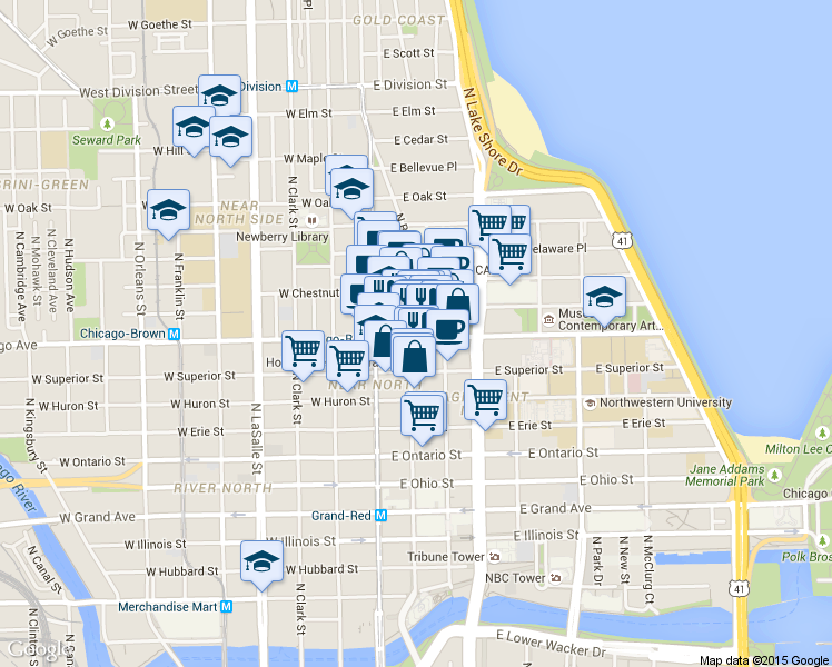 map of restaurants, bars, coffee shops, grocery stores, and more near 782 North Wabash Avenue in Chicago