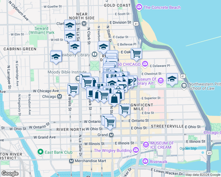 map of restaurants, bars, coffee shops, grocery stores, and more near in Chicago