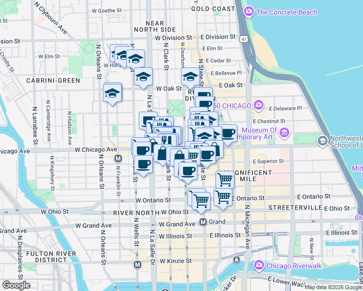 map of restaurants, bars, coffee shops, grocery stores, and more near in Chicago