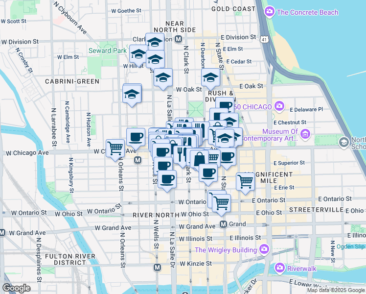 map of restaurants, bars, coffee shops, grocery stores, and more near 108 West Chicago Avenue in Chicago