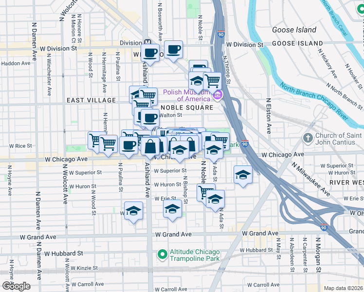 map of restaurants, bars, coffee shops, grocery stores, and more near 1452 West Chicago Avenue in Chicago