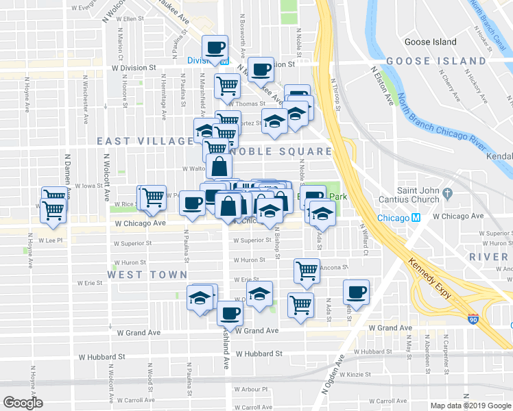 map of restaurants, bars, coffee shops, grocery stores, and more near 1522 West Chicago Avenue in Chicago