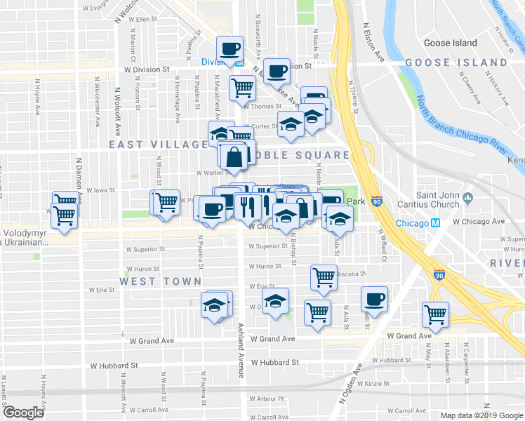 map of restaurants, bars, coffee shops, grocery stores, and more near 1522 West Chicago Avenue in Chicago