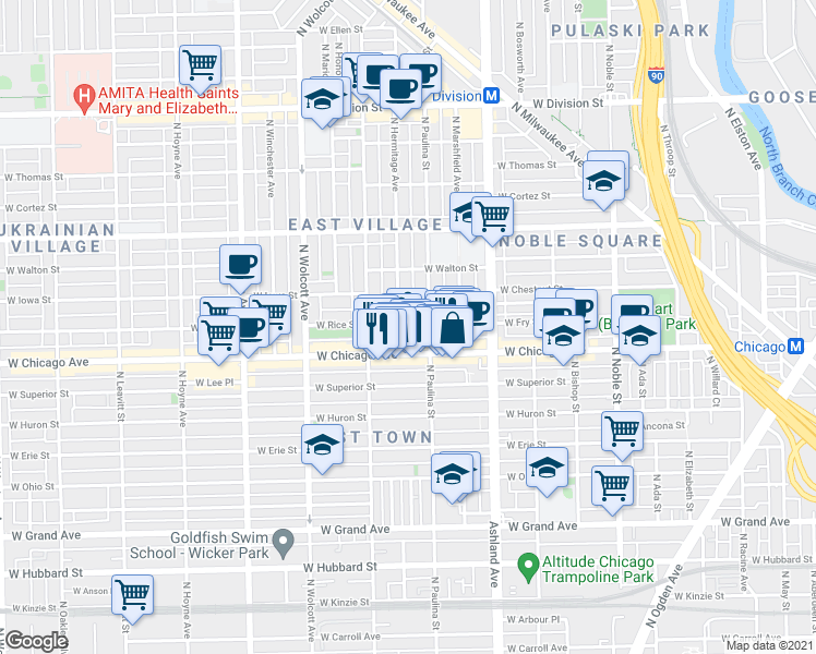 map of restaurants, bars, coffee shops, grocery stores, and more near 815 North Hermitage Avenue in Chicago