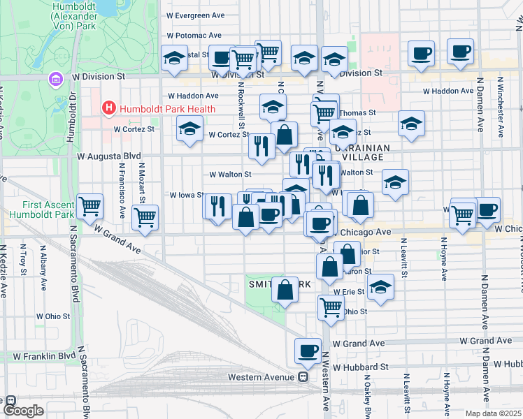 map of restaurants, bars, coffee shops, grocery stores, and more near 825 North Maplewood Avenue in Chicago