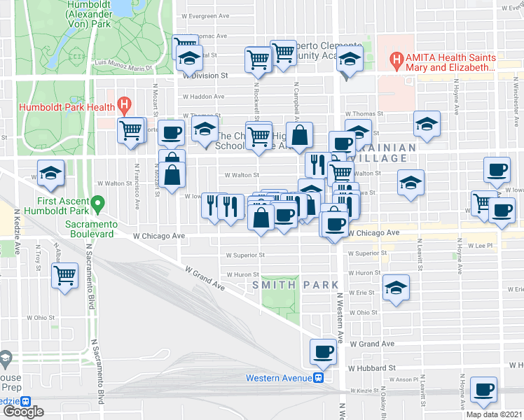 map of restaurants, bars, coffee shops, grocery stores, and more near 825 North Rockwell Street in Chicago