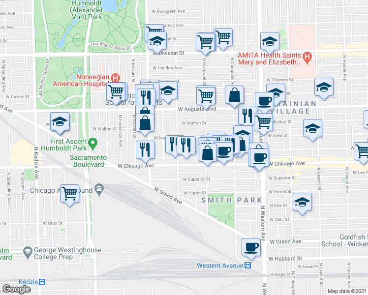 map of restaurants, bars, coffee shops, grocery stores, and more near 2629 West Rice Street in Chicago