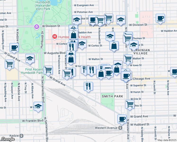 map of restaurants, bars, coffee shops, grocery stores, and more near 822 North Washtenaw Avenue in Chicago