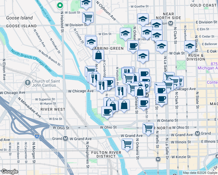 map of restaurants, bars, coffee shops, grocery stores, and more near in Chicago