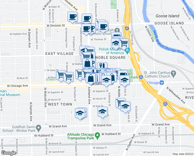 map of restaurants, bars, coffee shops, grocery stores, and more near 1529 West Fry Street in Chicago