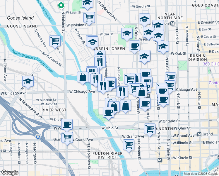 map of restaurants, bars, coffee shops, grocery stores, and more near 808 North Cleveland Avenue in Chicago