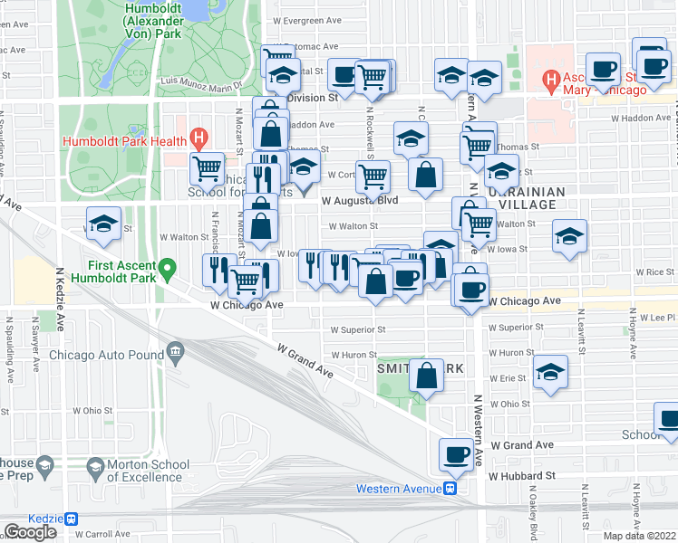 map of restaurants, bars, coffee shops, grocery stores, and more near 2638 West Rice Street in Chicago