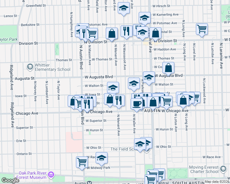 map of restaurants, bars, coffee shops, grocery stores, and more near 5815 West Iowa Street in Chicago