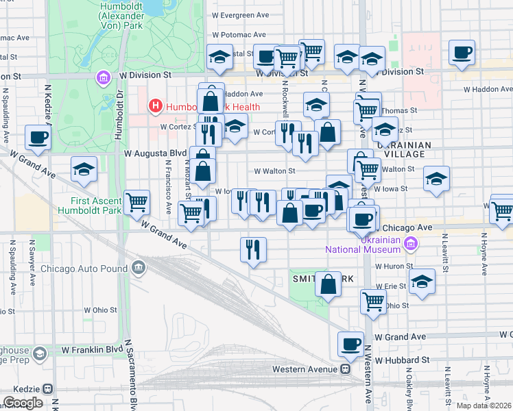 map of restaurants, bars, coffee shops, grocery stores, and more near 2648 West Rice Street in Chicago