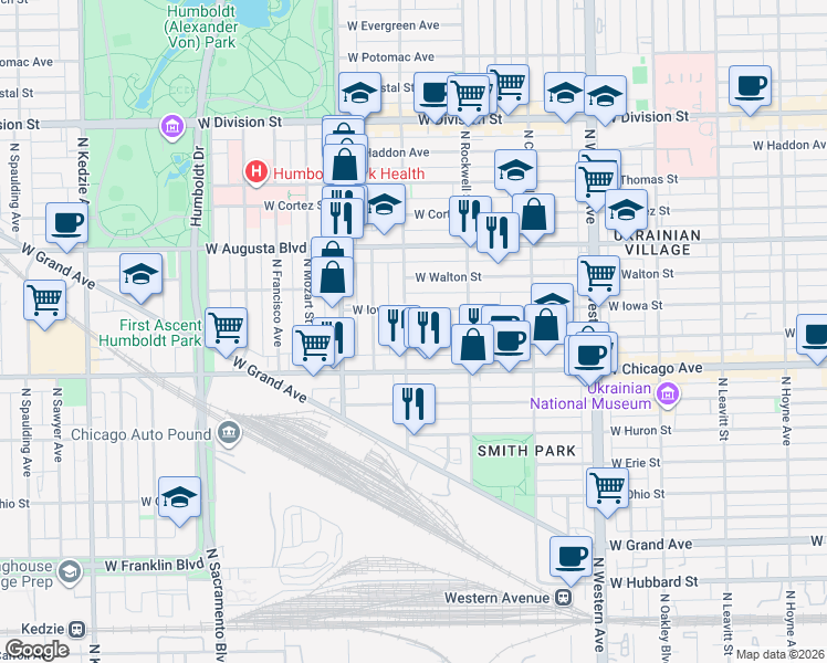 map of restaurants, bars, coffee shops, grocery stores, and more near 822 North Washtenaw Avenue in Chicago
