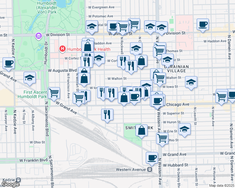 map of restaurants, bars, coffee shops, grocery stores, and more near 2629 West Rice Street in Chicago