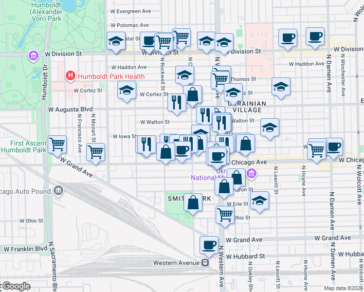 map of restaurants, bars, coffee shops, grocery stores, and more near 825 North Maplewood Avenue in Chicago
