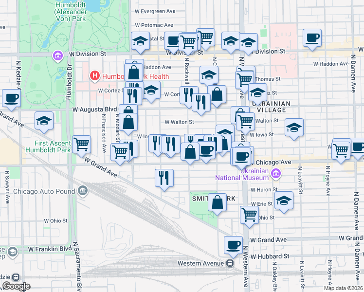 map of restaurants, bars, coffee shops, grocery stores, and more near 2610 West Rice Street in Chicago