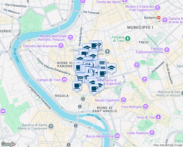 map of restaurants, bars, coffee shops, grocery stores, and more near 19 Via dell'Arco della Ciambella in Roma