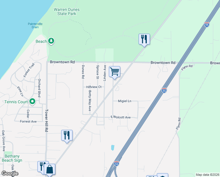 map of restaurants, bars, coffee shops, grocery stores, and more near 12274 Red Arrow Highway in Sawyer