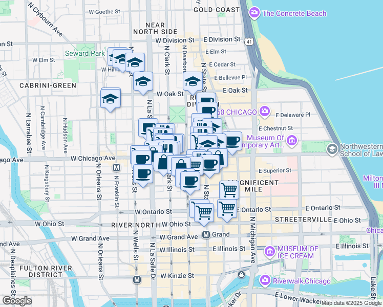map of restaurants, bars, coffee shops, grocery stores, and more near 30 West Chicago Avenue in Chicago