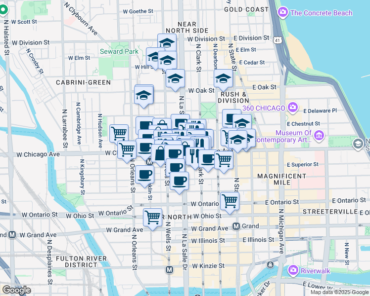 map of restaurants, bars, coffee shops, grocery stores, and more near 805 North LaSalle Street in Chicago