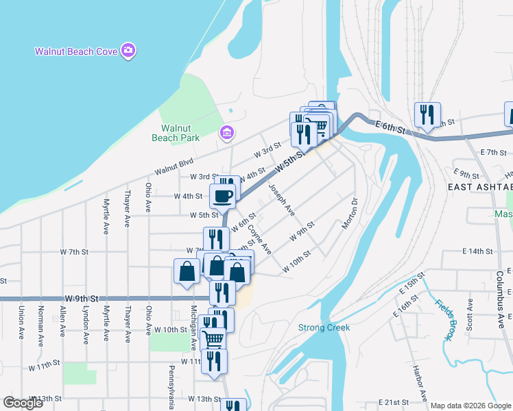 map of restaurants, bars, coffee shops, grocery stores, and more near 1459 West 6th Street in Ashtabula