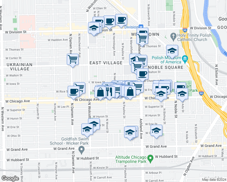map of restaurants, bars, coffee shops, grocery stores, and more near 826 North Hermitage Avenue in Chicago