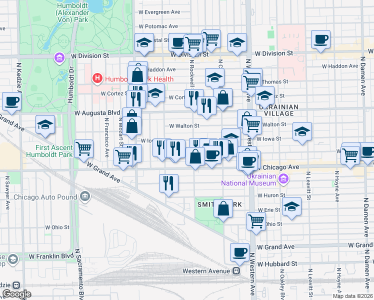 map of restaurants, bars, coffee shops, grocery stores, and more near 2629 West Rice Street in Chicago