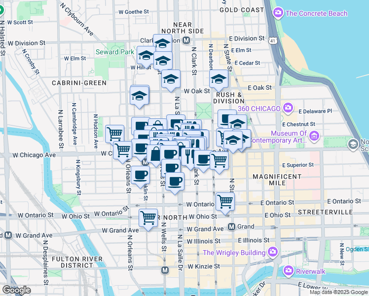 map of restaurants, bars, coffee shops, grocery stores, and more near 805 North LaSalle Street in Chicago