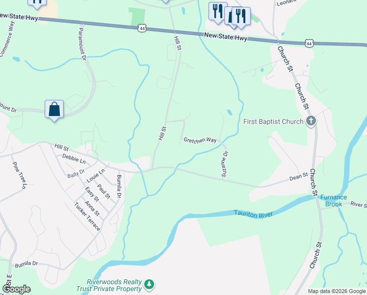 map of restaurants, bars, coffee shops, grocery stores, and more near 52 Adam Lane in Raynham