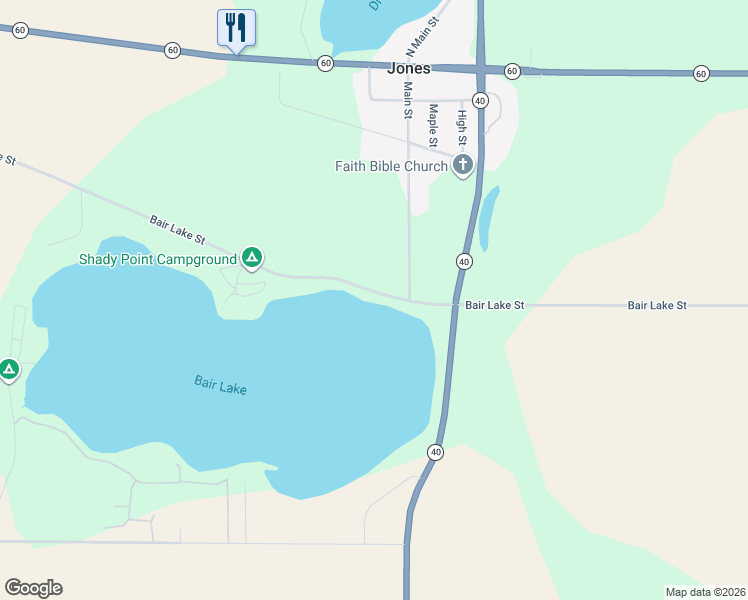 map of restaurants, bars, coffee shops, grocery stores, and more near 12027 Bair Lake Street in Jones