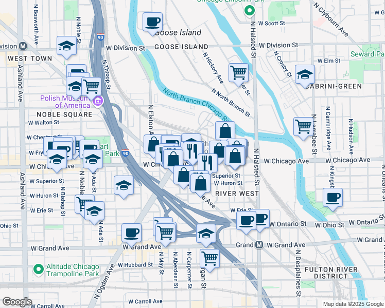 map of restaurants, bars, coffee shops, grocery stores, and more near 825 North Carpenter Street in Chicago