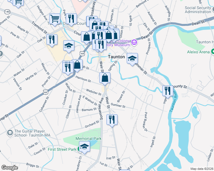 map of restaurants, bars, coffee shops, grocery stores, and more near 2 Newcomb Place in Taunton