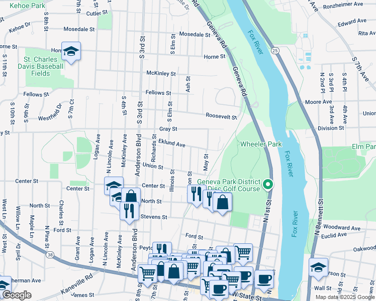 map of restaurants, bars, coffee shops, grocery stores, and more near 748 Edison Street in Geneva