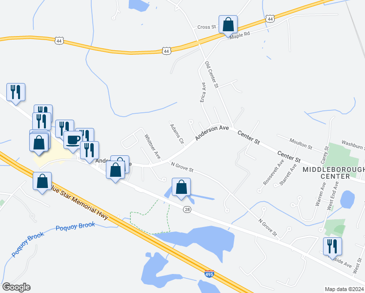 map of restaurants, bars, coffee shops, grocery stores, and more near 14 Anderson Avenue in Middleborough