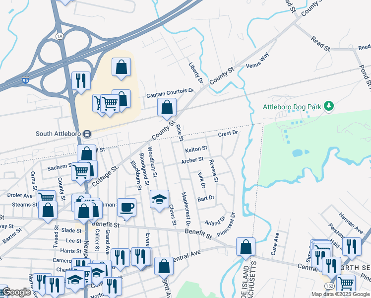 map of restaurants, bars, coffee shops, grocery stores, and more near 157 Maplecrest Drive in Pawtucket