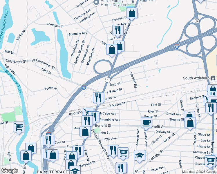 map of restaurants, bars, coffee shops, grocery stores, and more near 1074 Washington Street in Attleboro
